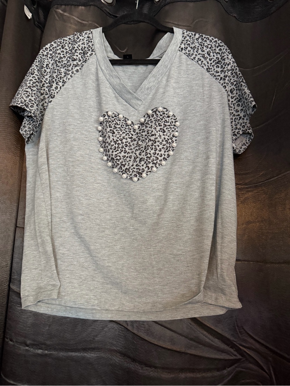 SHEIN Gray V-Neck Tee with Leopard Heart and Studs and Matching Skirt